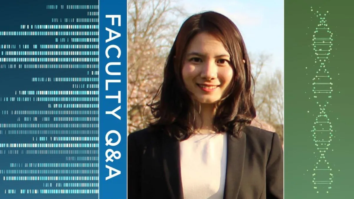 Image of Columbia Mailman School’s Assistant Professor Wenpin Hou with graphic elements of DNA data points