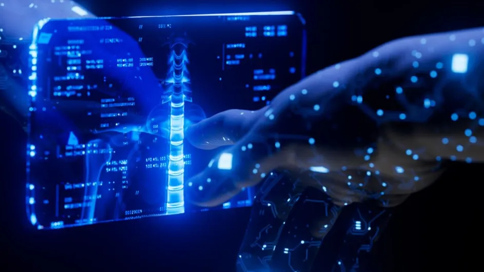 Blue and white illustration of hand touching a tablet that has an image of a spine lit up