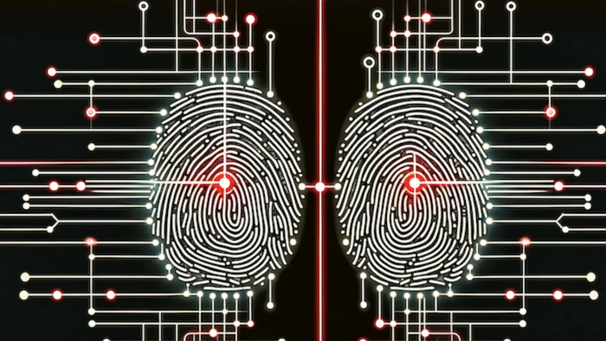 image of black and white fingerprints with red data points