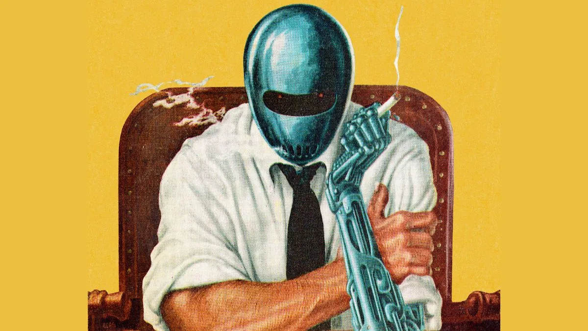 image depicts a humanoid figure with a metallic, robotic helmet in place of a head, and a robotic arm