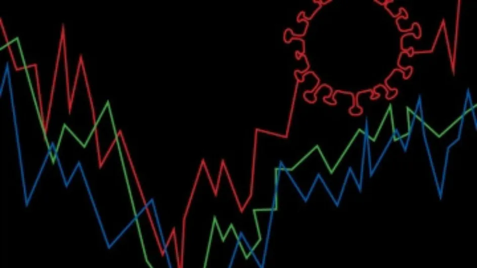 Scatter plot with red, green, and blue trend lines going up and down alongside an illustration of the covid molecule.