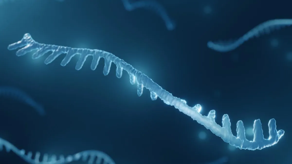 close-up of a translucent, ribbon-like structure resembling an RNA strand, set against a soft, blurred background in shades of blue.