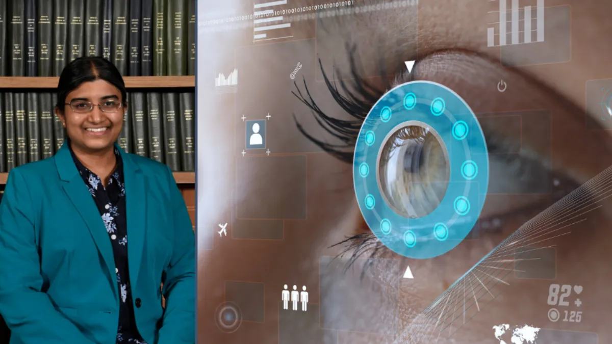 Composite image of Kaveri Thakoor on the left and graphic image of AI with a focus on the eye, on the right. 
