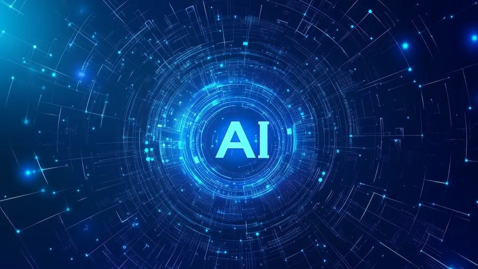 graphic of blue background with data points and AI in the center