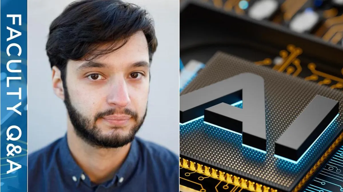 A headshot of Daniel Malinsky to the left. To the right, a close-up of a computer chip with the letters “AI” illuminated in blue, symbolizing artificial intelligence.