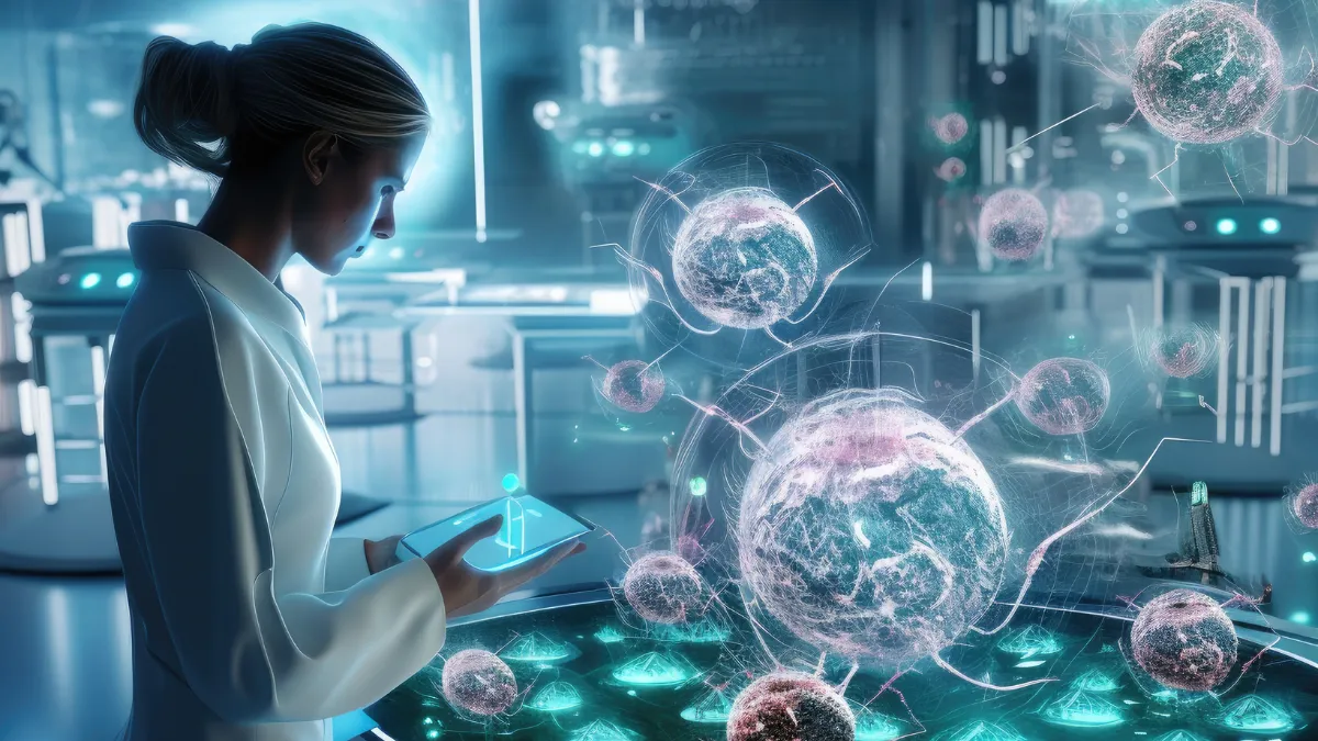 Scientist navigates a surge of AI-driven medical data visualized as glowing digital cells.