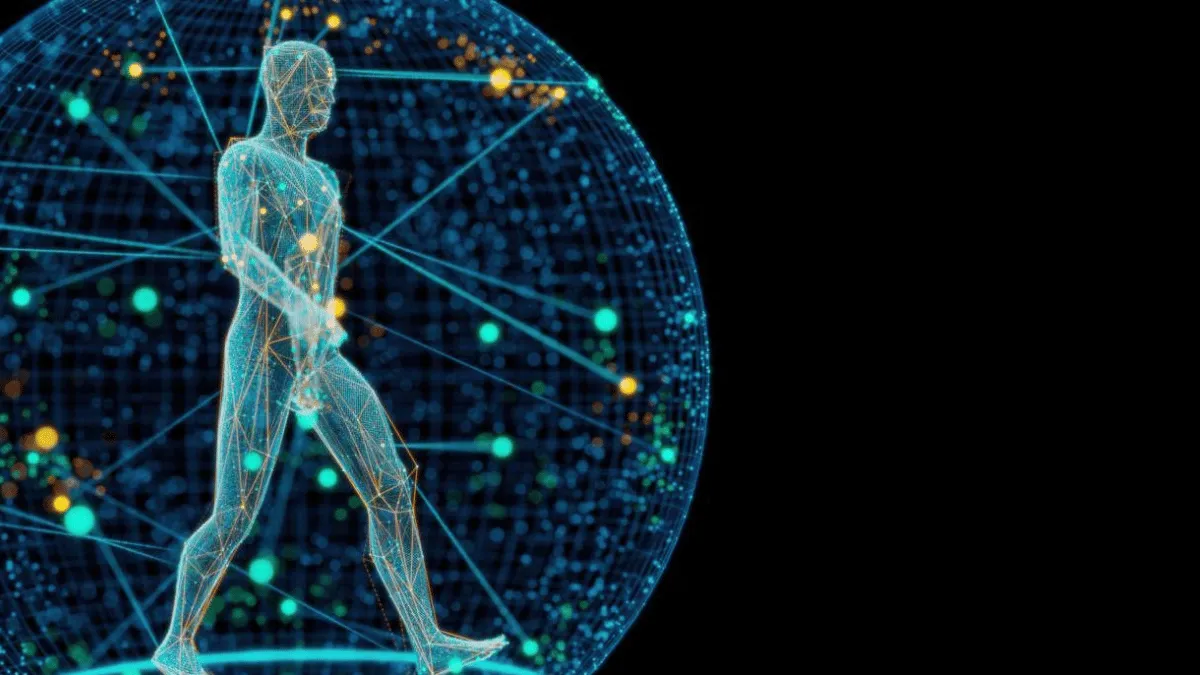 A glowing, wireframe human figure walks within a spherical network of interconnected dots and lines against a black background.