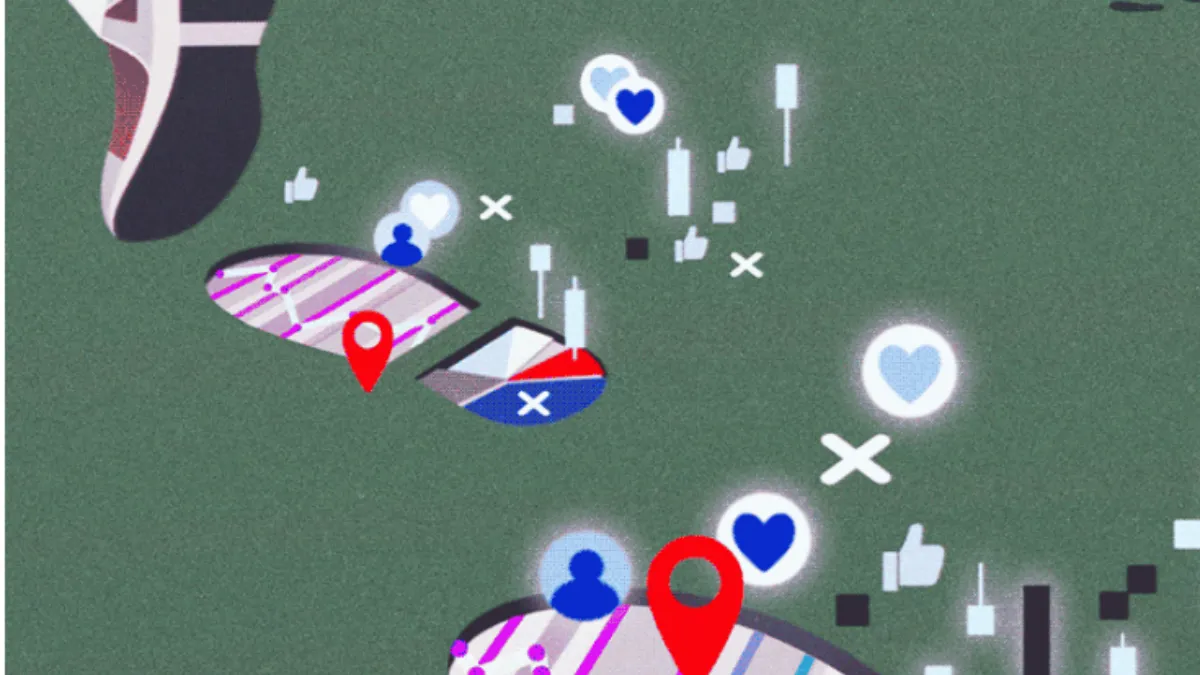 Illustration of a person walking, leaving behind digital footprints filled with icons representing social media activity, location pins, analytics graphs, hearts, thumbs-up likes, and user profiles.