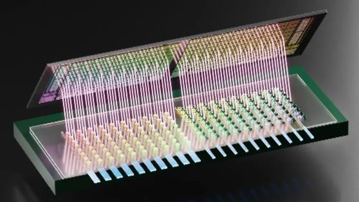 Illustration of a 3D photonic chip showing layers of light pathways and intricate microstructures, symbolizing high-performance optical computing.