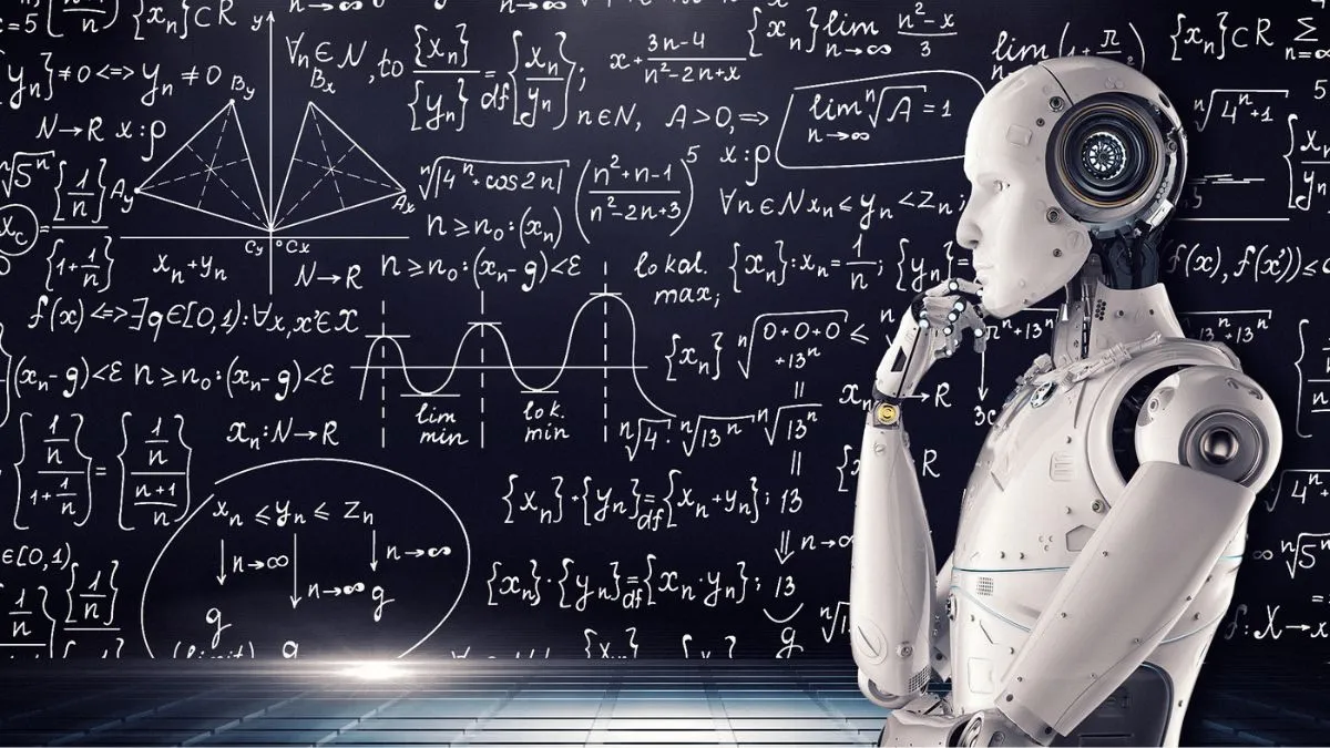 Futuristic robot figure posed thoughtfully in front of a blackboard filled with complex mathematical equations and graphs, representing artificial general intelligence.