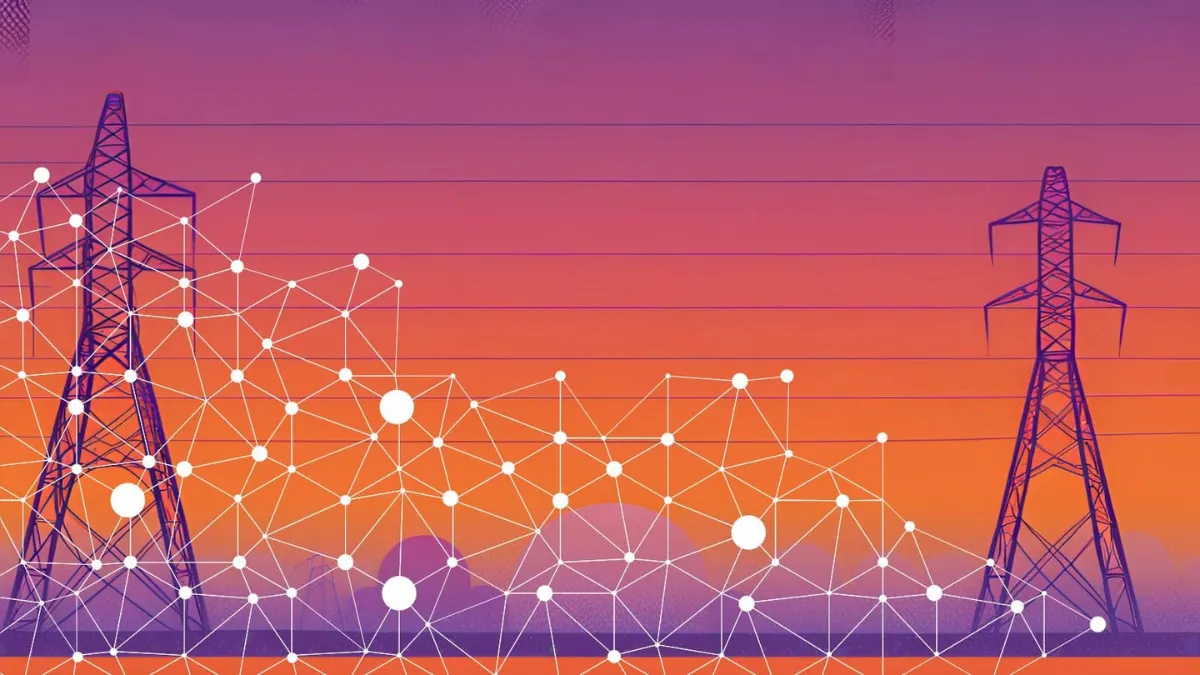  A stylized digital illustration of power transmission towers set against an orange and purple sky, with an overlay of a networked data visualization representing energy flow and AI-driven grid management.