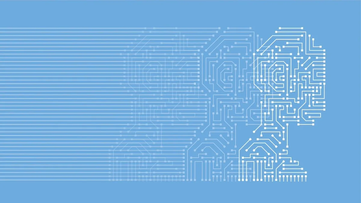 Abstract illustration of two human faces made from interconnected circuit lines and nodes, symbolizing artificial intelligence and technology, on a blue background.
