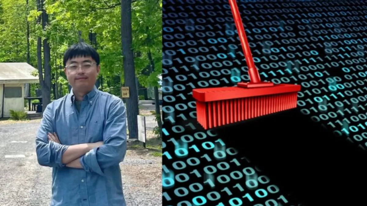 Dr. Zhongyuan Lyu stands outdoors with arms crossed; beside him, a digital illustration shows a red broom sweeping binary code, symbolizing extracting structure from high-dimensional data.