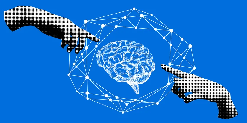 image of hands surrounding data points with a brain