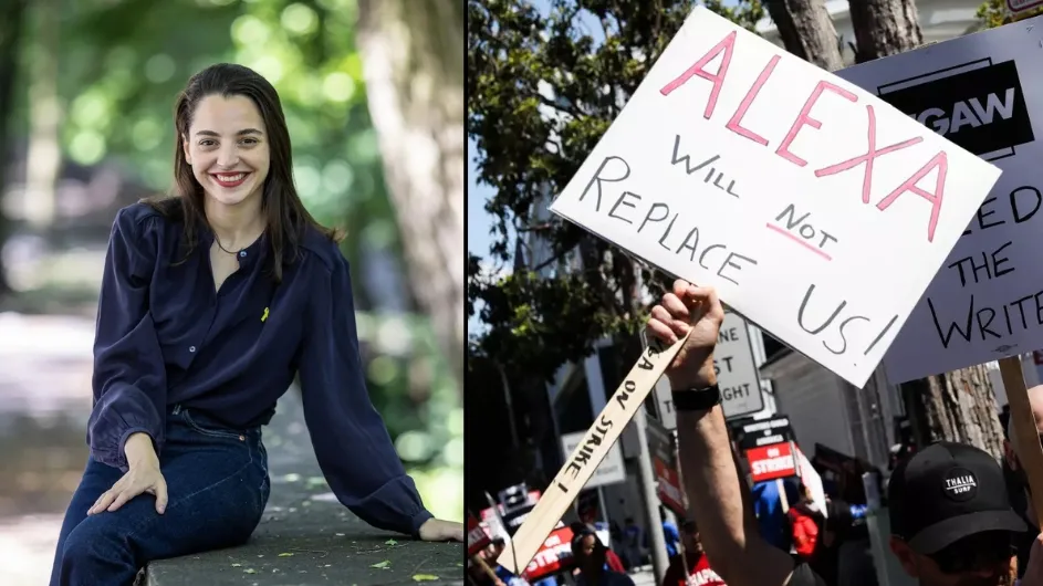 Shir Raviv, DSI Postdoc (left), and image from media outlets of AI protests (right).