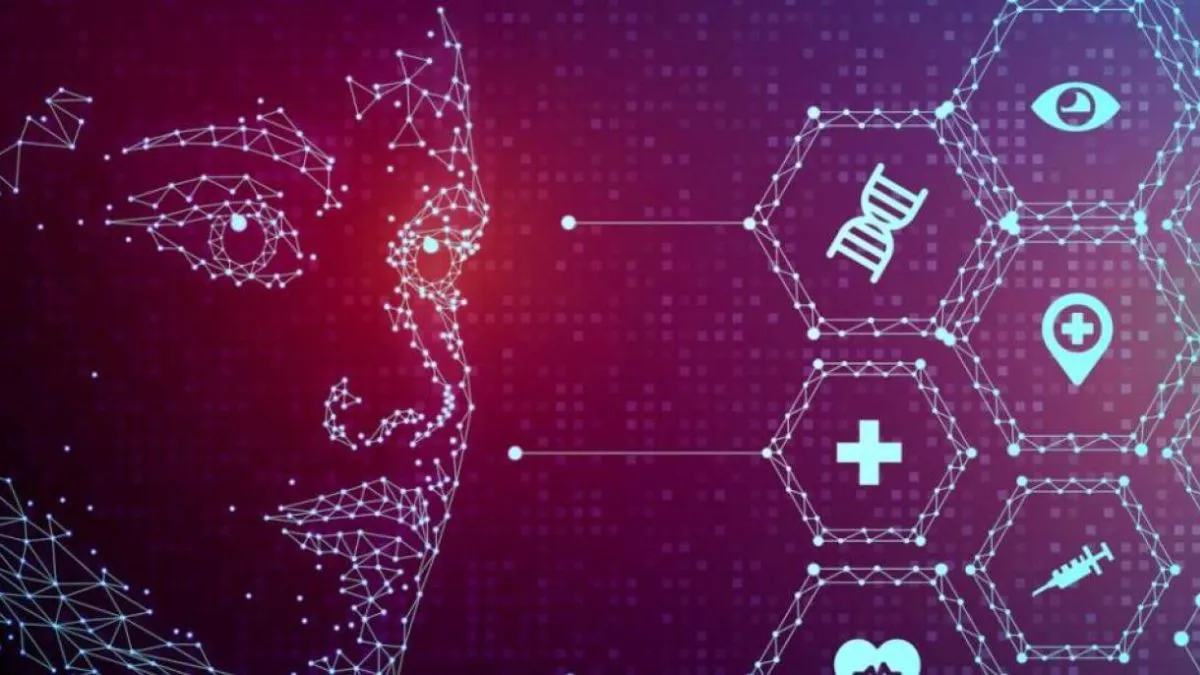 Illustration of a digital human face composed of connected data points and lines, facing a series of hexagons representing healthcare symbols such as DNA, a cross, a heart, an eye, and a syringe, symbolizing the integration of AI in medical innovation.