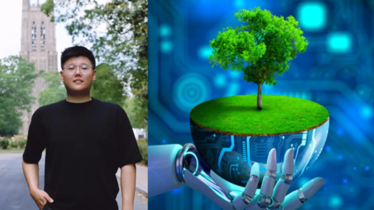 Dr. Shuolin (Shawn) Li stands outdoors; beside him, a robotic hand holds a digital globe with a tree, symbolizing AI-driven climate science.