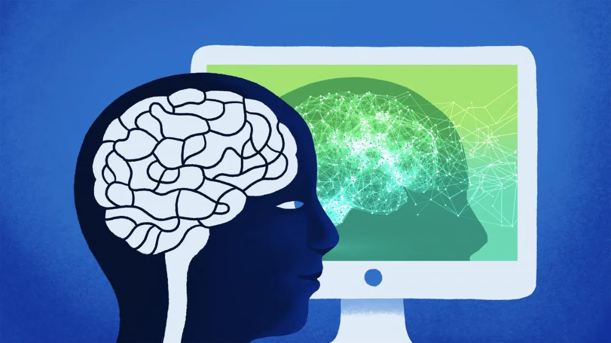 graphic of brain in front of computer