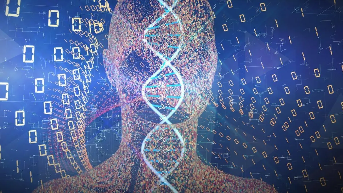 A digital illustration depicting the intersection of artificial intelligence and biological sciences. The silhouette of a human head is composed of small particles, overlaid with binary code and a glowing double-helix DNA strand in the center, set against a deep blue.