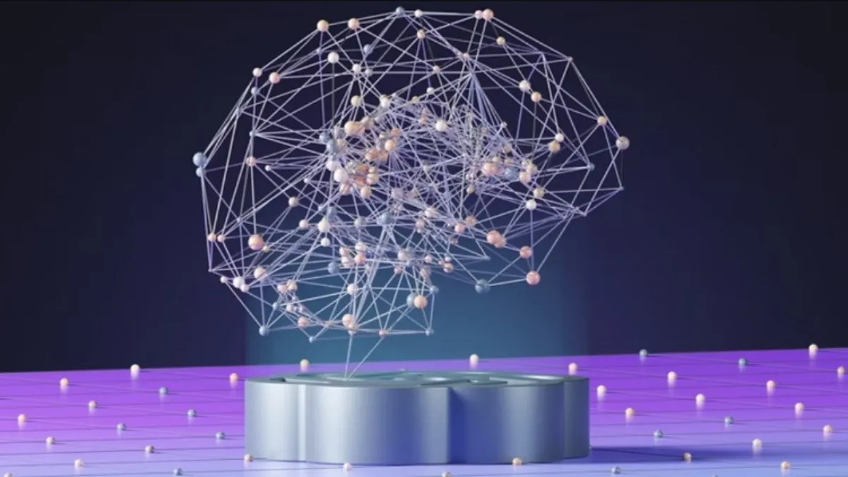 A 3D digital illustration of a human brain made up of interconnected glowing nodes