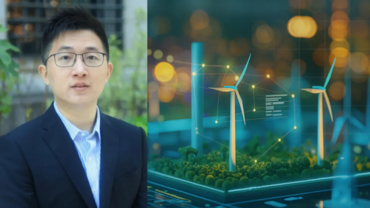 Dr. Ming Yi stands in a suit outdoors; beside him, a digital rendering of wind turbines on a smart grid represents AI-driven renewable energy systems.