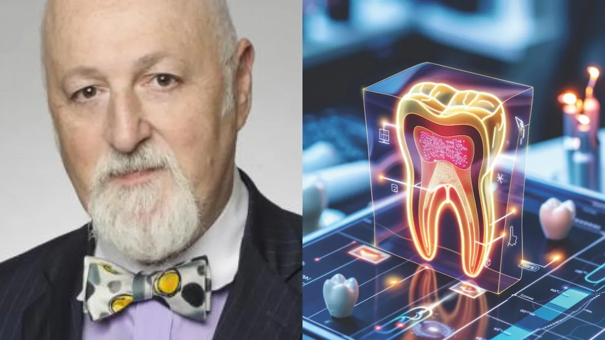 Split image showing on the left a portrait of an older man with a bald head, white beard, and patterned bow tie, and on the right a digital illustration of a holographic tooth model with glowing anatomical layers displayed on a futuristic medical interface.