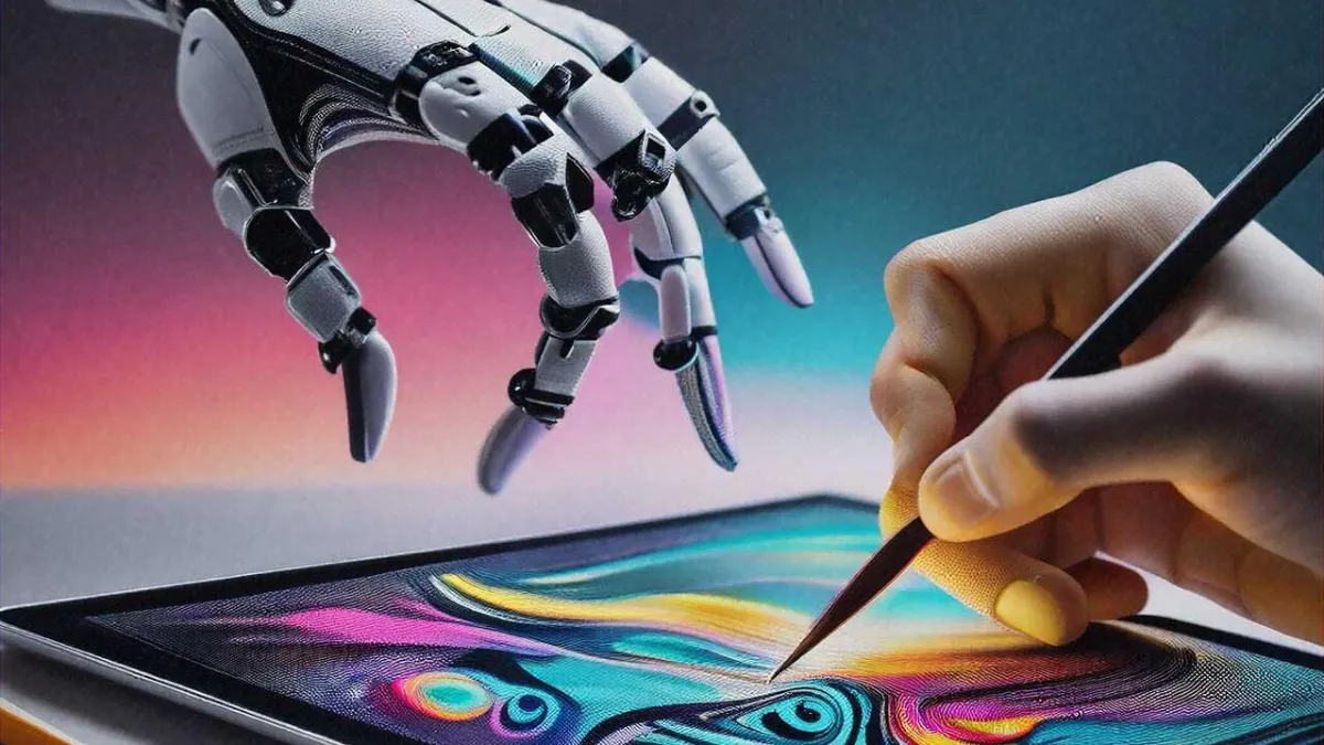 A conceptual illustration of AI and creativity, featuring a robotic hand reaching toward a human hand as it paints a vibrant, abstract digital artwork on a tablet.