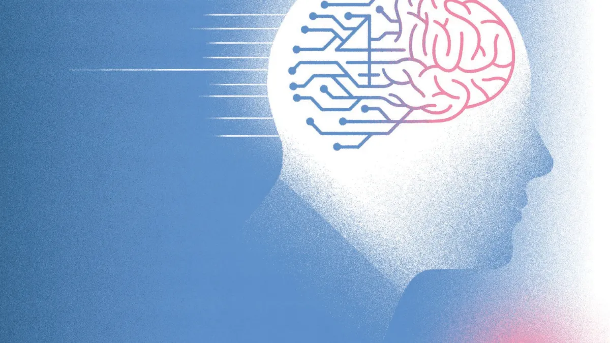 A minimalist digital illustration of a human head in profile, with a brain composed of circuit-like patterns, symbolizing AI, cognitive computing, and machine learning.