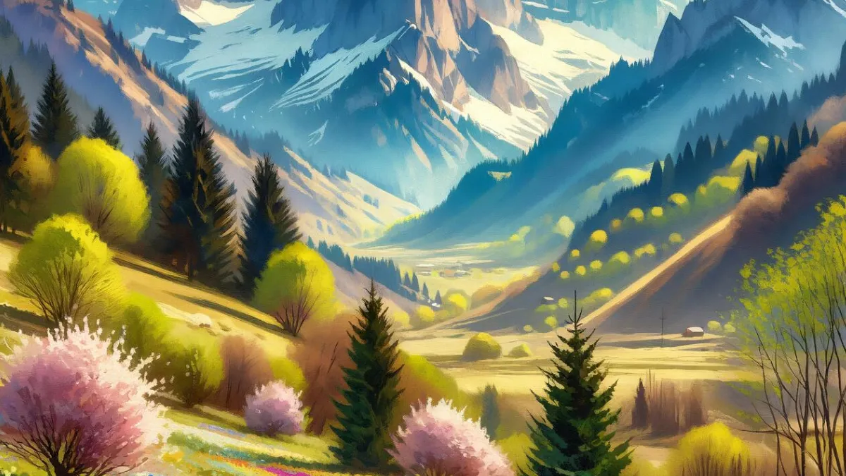 Digital painting of a vibrant mountain valley in spring, featuring snow-capped peaks in the background, lush green pine trees and deciduous trees with fresh bright green and pink blossoms in the foreground, and scattered small cottages in the sunlit valley below.