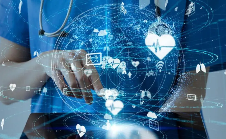 nurse touching clear screen with icons and interconnected lines