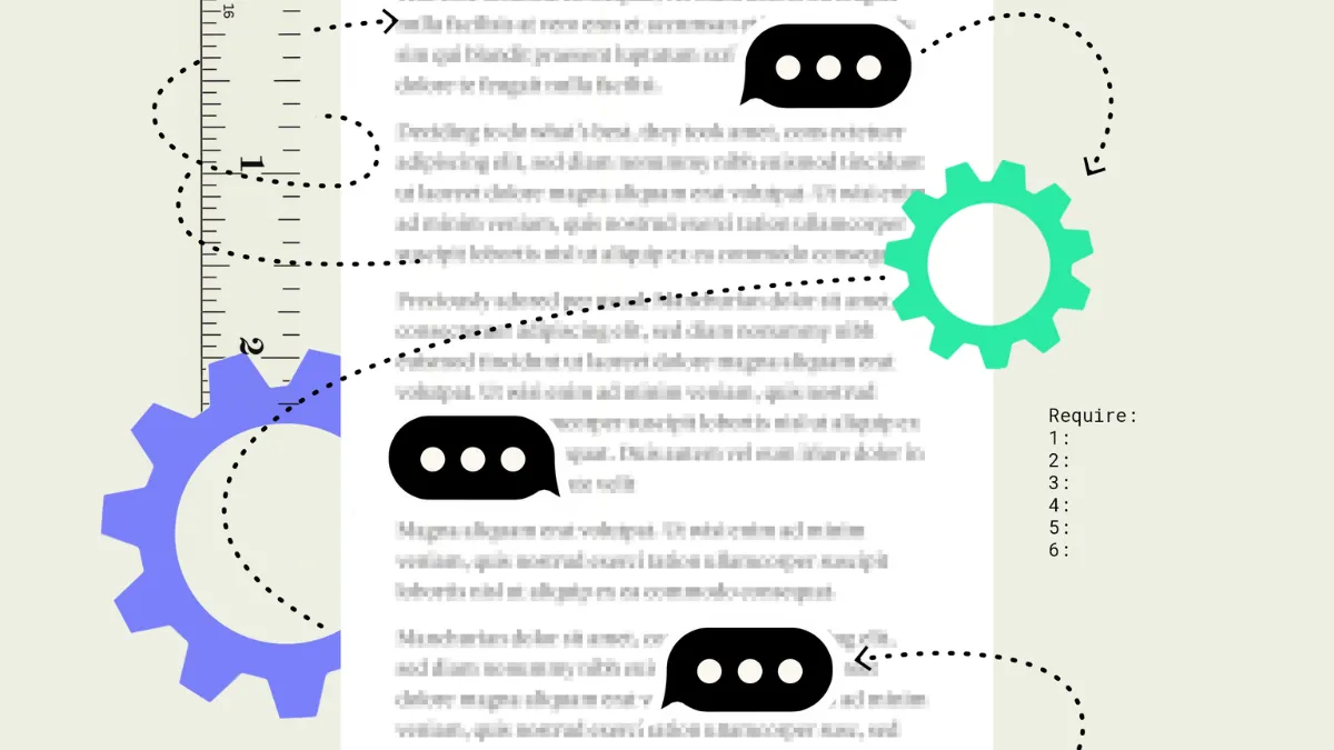 A stylized webpage with chat bubbles, gears, and editing elements illustrates AI-assisted writing, content creation, and document automation.