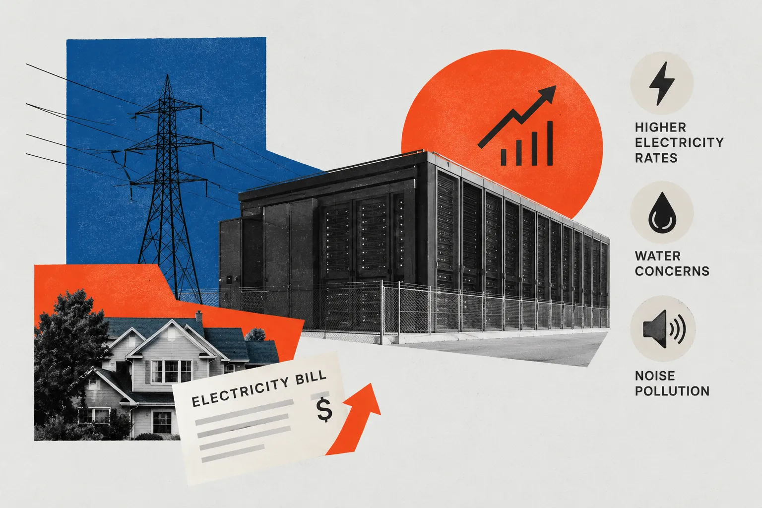 An editorial-style illustration of an AI data center alongside power lines and residential homes, highlighting rising electricity bills, water concerns, and noise pollution associated with expanding data center infrastructure.