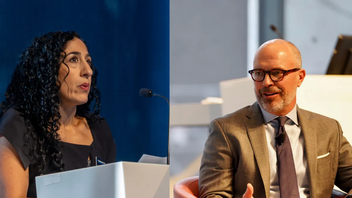 The image is split in the middle. On the left, is a picture of Gracy Sarkissian speaking; and one the right is a picture of Brett House. 