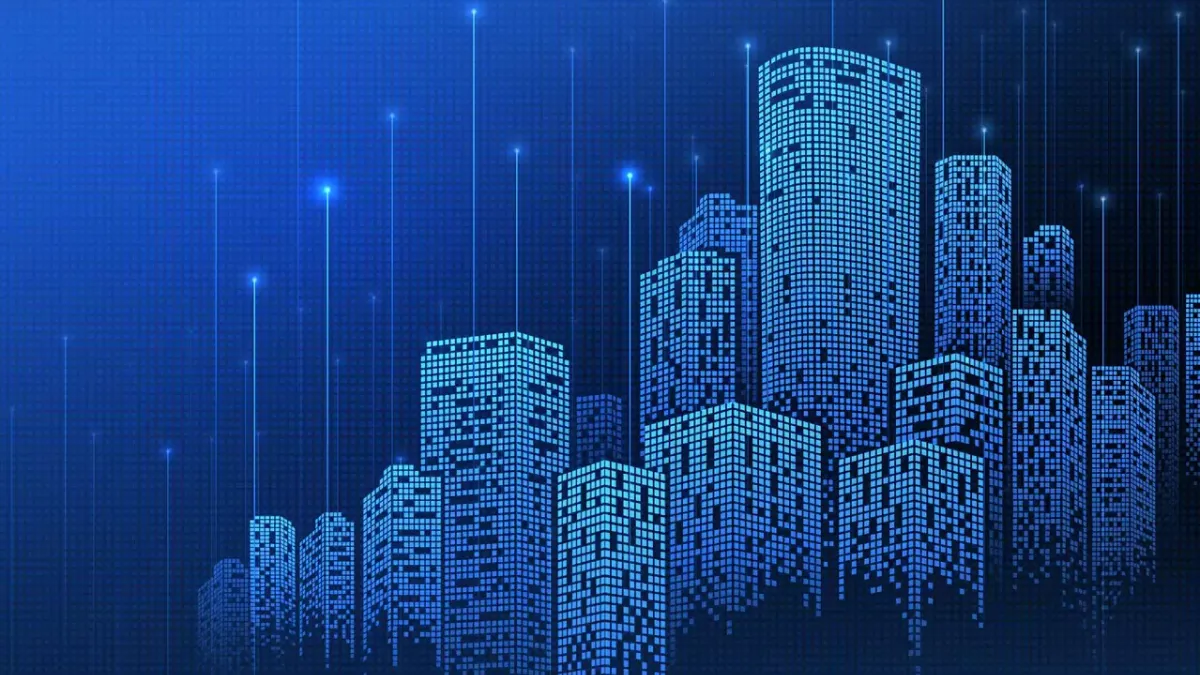 A silhouette of futuristic styled buildings. 