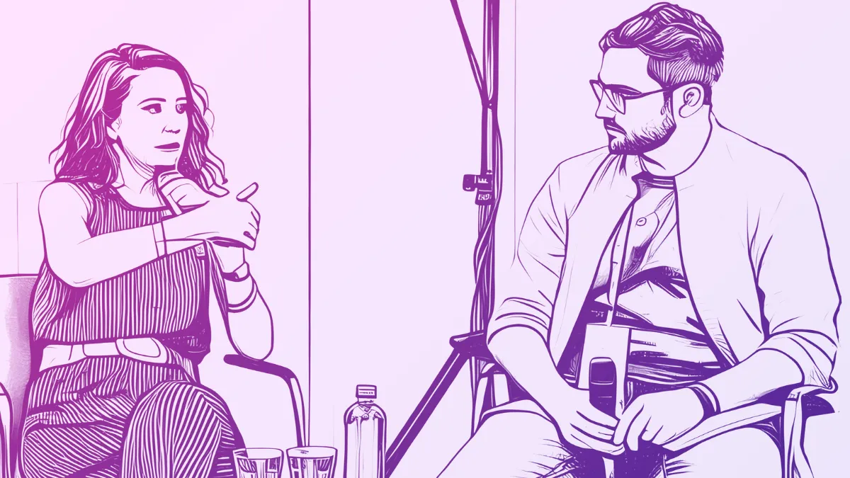 A purple-tinted drawing of a woman interviewing a man.