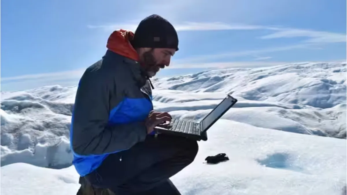 Marco Tedesco on the Russell Glacier, southwest Greenland, summer 2018. (Kevin Krajick/Earth Institute)