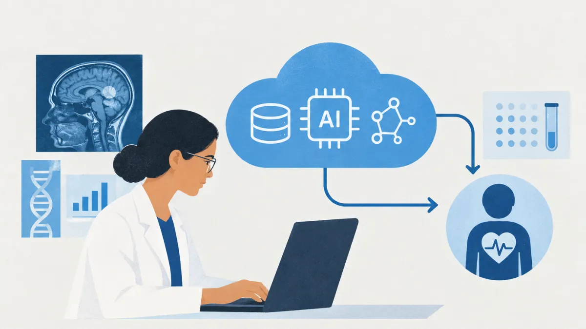 A medical researcher is depicted using AI-powered cloud computing and data analysis tools to support biomedical research, identify disease biomarkers, and improve patient outcomes.