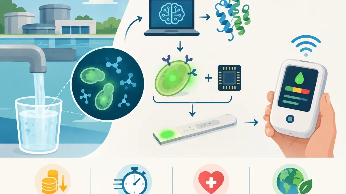An illustration shows a handheld device using engineered yeast, AI, and sensor chips to detect contaminants in water, highlighting faster testing, lower costs, and environmental and health benefits.
