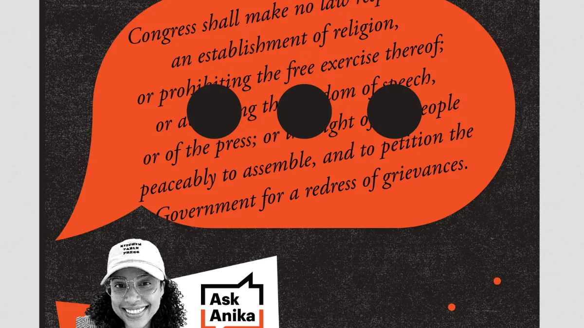 An orange text bubble, and an image of a woman in the corner with the words "Ask Anika" 
