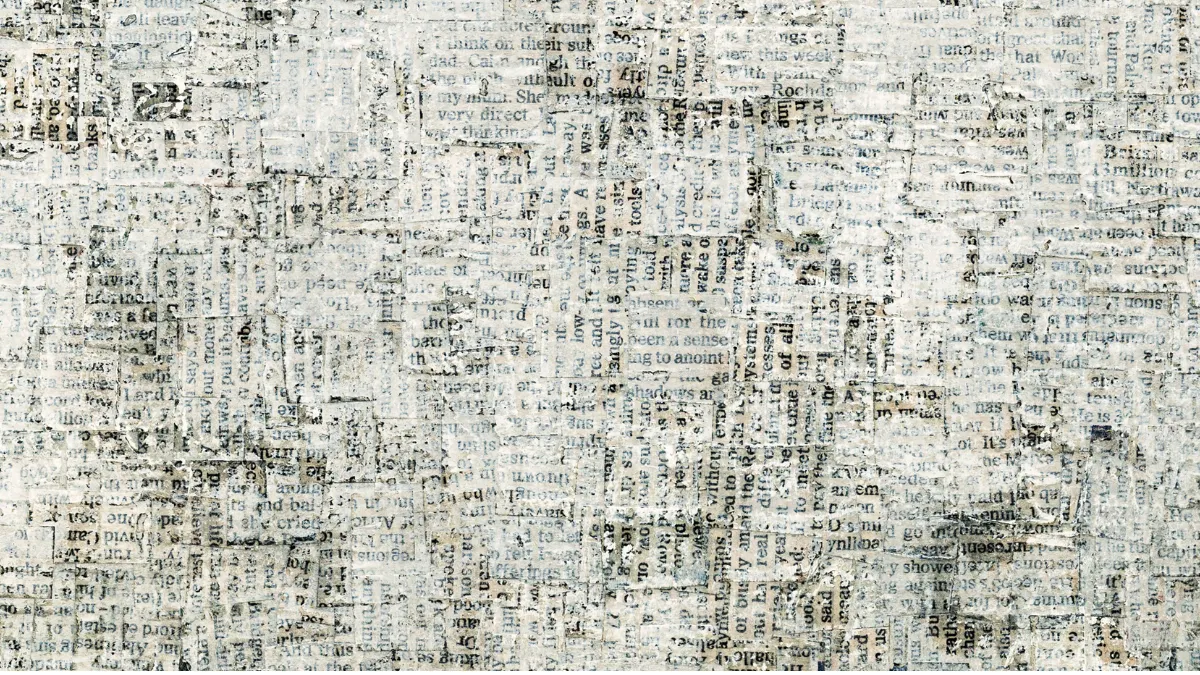 A textured collage of overlapping newspaper clippings symbolizes news media, journalism, and the flow of information.