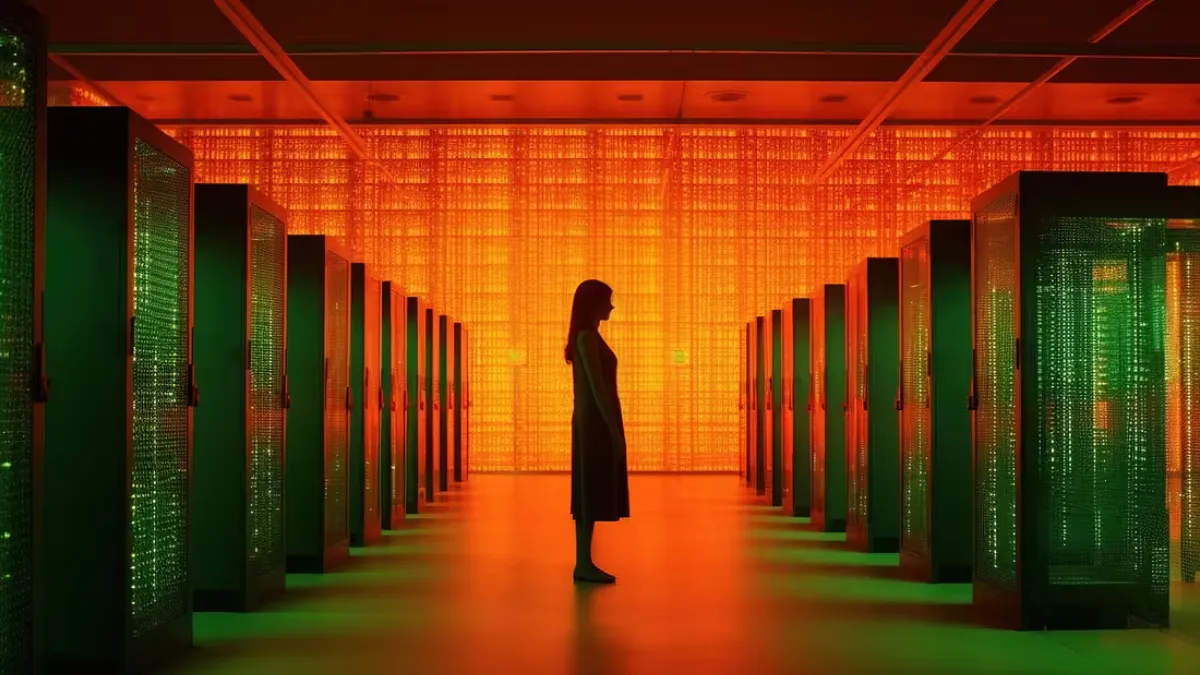 Woman standing in between structured wiring enclosures. 