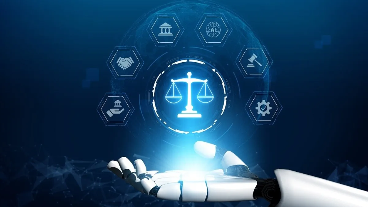 A robotic hand presenting a digital scale of justice alongside AI and legal icons.