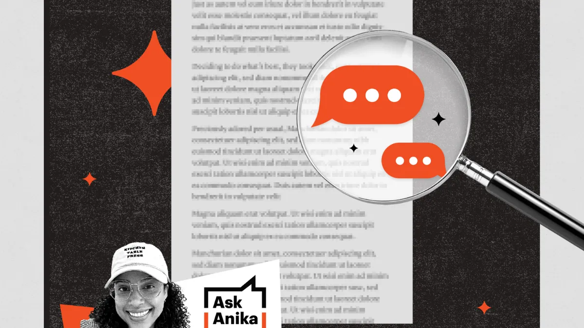 A graphic featuring a magnifying glass highlighting orange chat bubbles over a blurred document, with a woman in the left-hand corner. The words "Ask Anika" are next to the woman. 