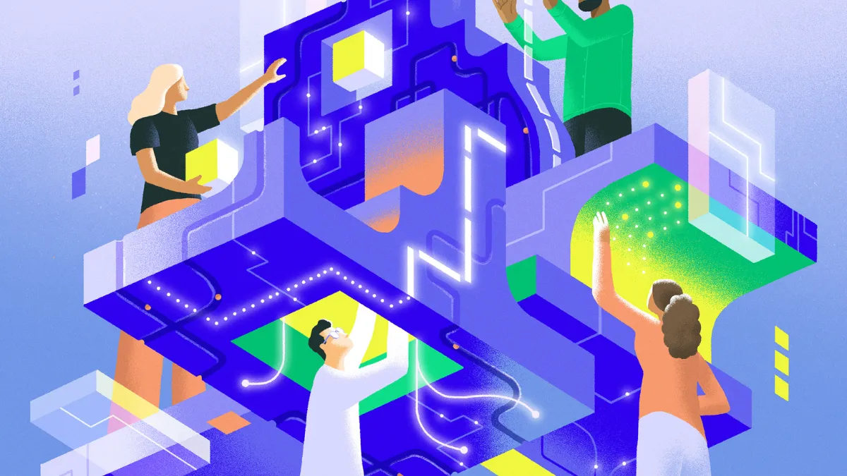 An illustration by Matt Chinworth depicting people of different genders and races working on creating/improving technology. 