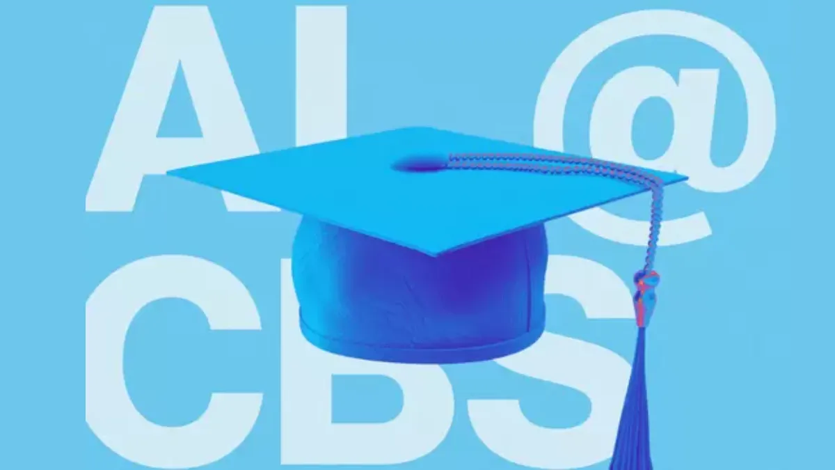 A blue graduation cap, behind it are the words "AI @ CBS" 
