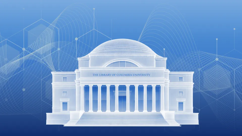 Low Library illustration against blue background with intersecting nodes