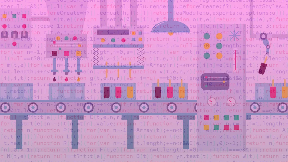 A stylized factory assembly line producing colorful digital icons against a backdrop of computer code, illustrating software development, automation, and AI-driven technology.  Illustration by Hana Joy. 