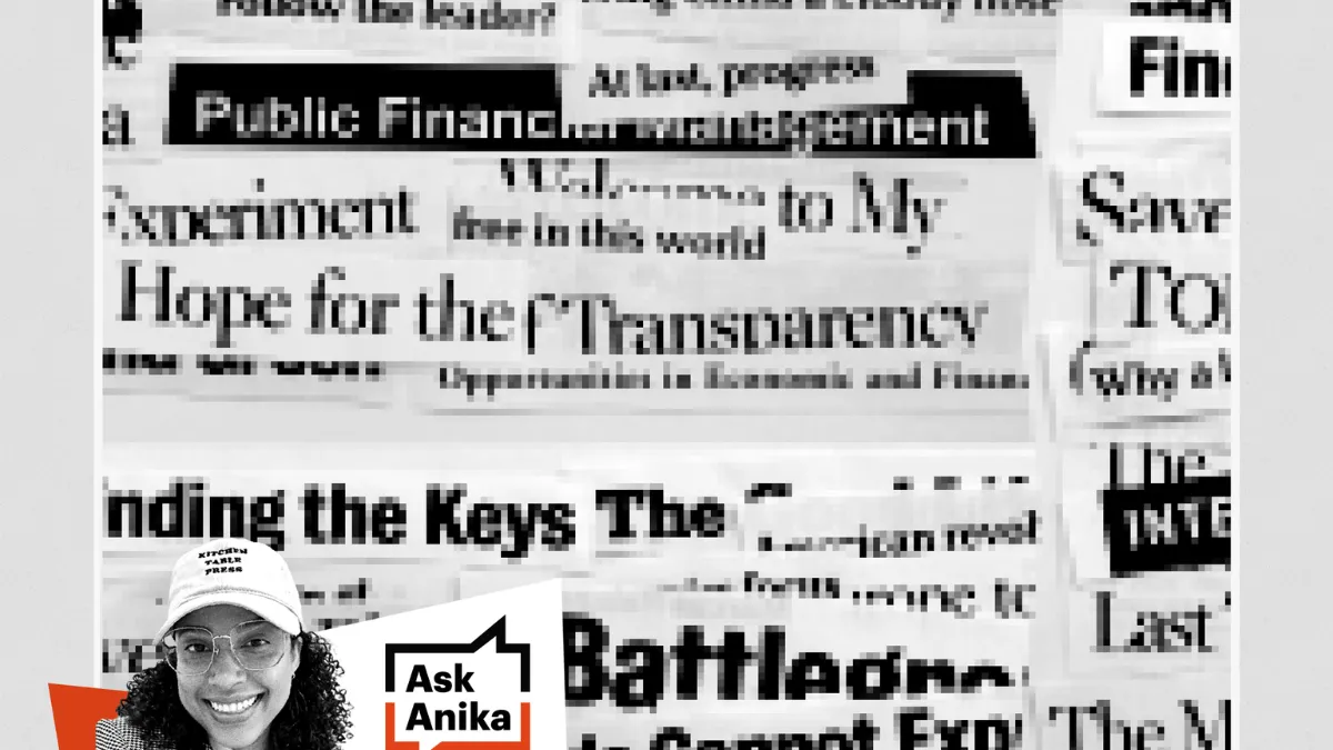Snippets of newspaper headlines are piled on top of each other, with a woman in the left-hand corner. The words "Ask Anika" are next to the woman. 