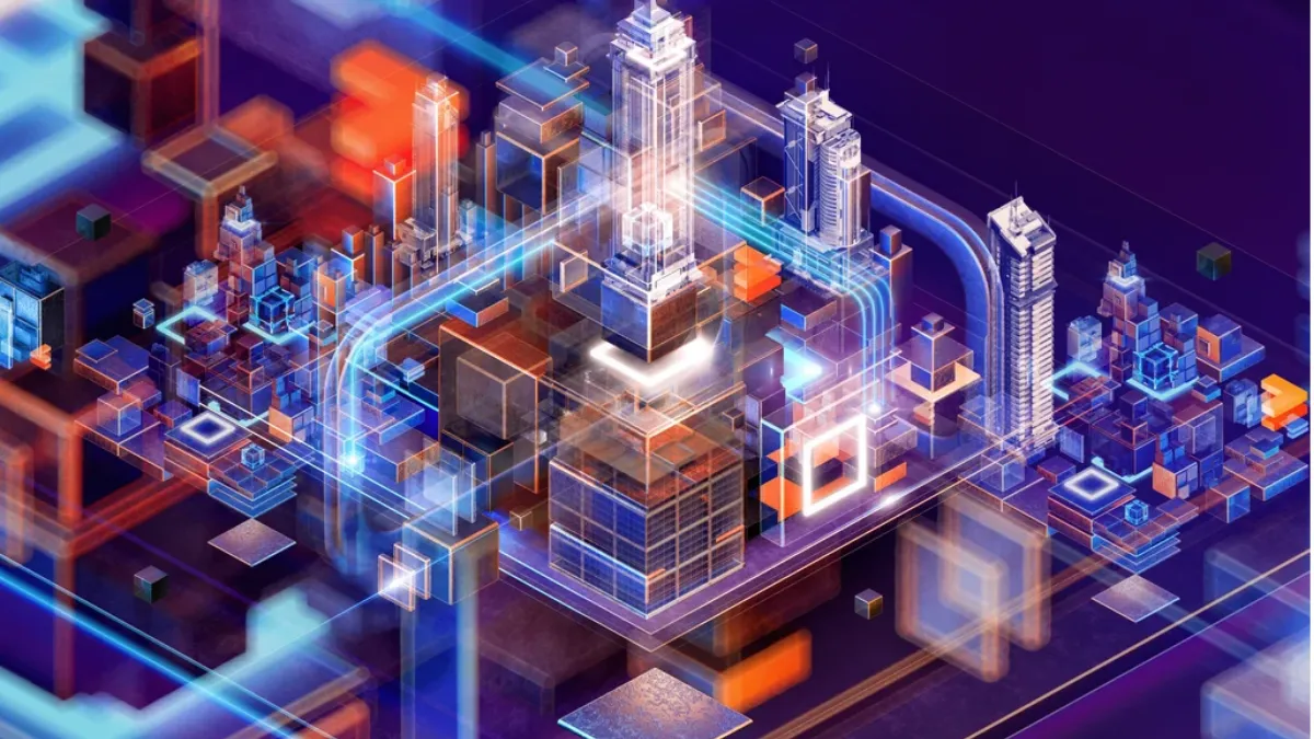 A futuristic digital cityscape with glowing skyscrapers, interconnected networks, and neon blue, purple, and orange lights, representing smart cities, advanced technology, and digital infrastructure.