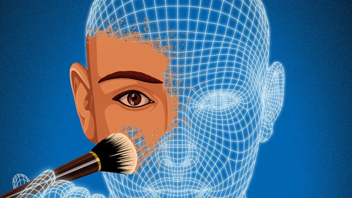The image shows a human face, majority of which is covered by blue grids. The left side, which is the uncovered half, has a makeup brush covering the blue grids. 